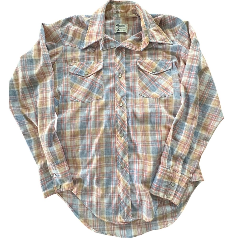 Vintage Monzini by Monticello Plaid Western Pearl Snap Shirt Mens Medium Pastel